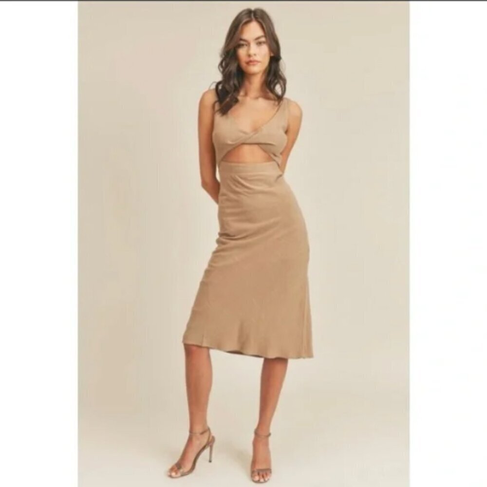 Mable Linen Cotton Midi Tan Dress M